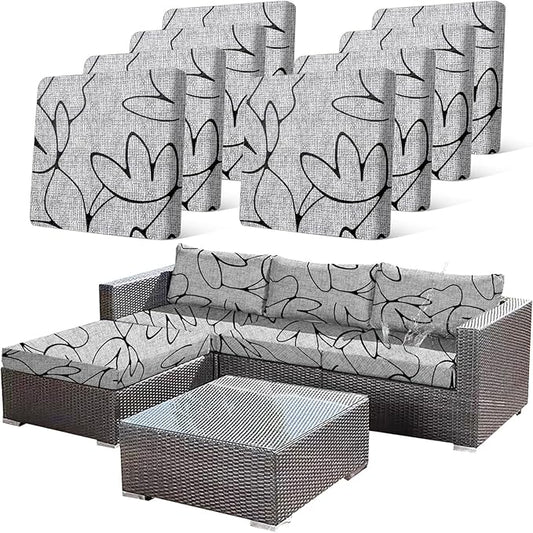 CALBODE 8PCS Waterproof Patio Sofa Covers with Elastic Floral Printed Stretch Outdoor Cushion Seat Covers Set of 8 Wicker Chair Washable Replacement(Grey,Cushions Not Included)