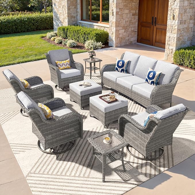 ovios 9-Piece Patio Furniture Set with Swivel Chairs Side Table, Outdoor Wicker Sofa with Comfy Cushions, High Back Couch Modern Conversation Sets, Grey/Grey