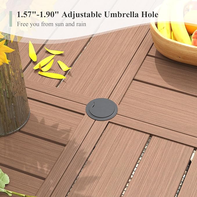 Outdoor Dining Set for 8, 63.1" Metal Round Outdoor Dining Table with Umbrella Hole and Sling Patio Swivel Chairs, 9 Pieces Patio Table and Chairs Set for Garden, Mixed Brown and Walnut