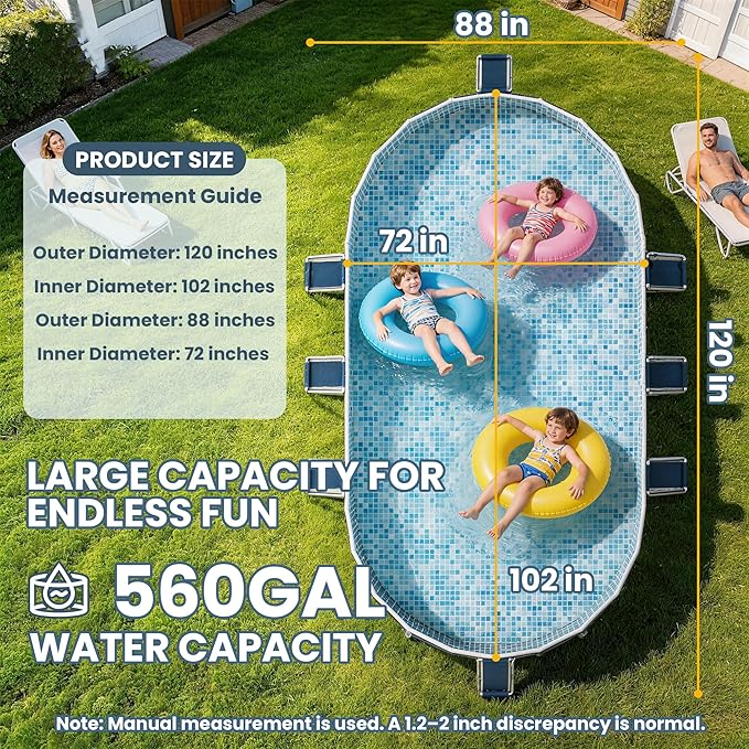 Foldable Pool with Canopy,10FT NonInflatable Above Ground Swimming Pools | Inner Diameter 102"x72"x20", Durable PVC, Oversize Thickened, Easy Setup