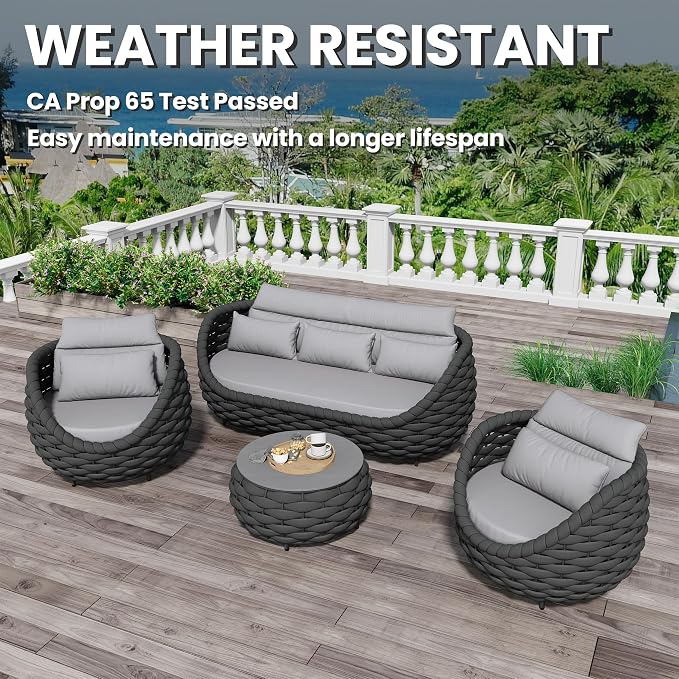Woven Rope Patio Furniture Set: 4 Pieces Aluminum Outdoor Conversation Sofa Set Assembled - Modern Deck Couch Set Cushioned - All Weather Metal Porch Seating for 5 Person Garden Pool Yard Hotel