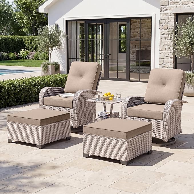 5-Piece Patio Furniture Set, Outdoor Swivel Rocking Chairs Set with Ottomans,All Weather Conversation Set for Porch Poolside Balcony,Beige