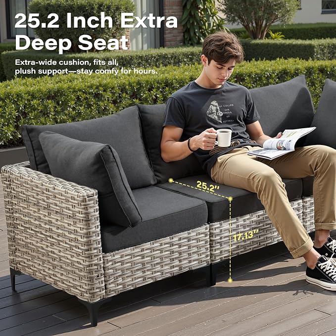 5 Pieces Patio Furniture Set with Solar Light Coffee Table, All-Weather Wicker Outdoor Sectional Conversation Sets L Shaped Sofas for Outside Porch Balcony Backyard Black