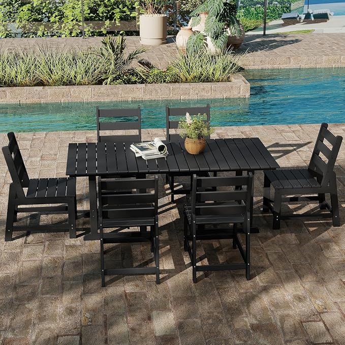 GREENVINES 7-Piece-Outdoor-Table-and-Chairs | HDPE | Patio Furniture | Dining Sets for 6 | Armless Chair | All Weather | Connectable Tables | for Backyard Poolside Garden | Black