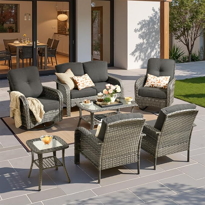 7 Pieces Patio Conversation Sets,Patio Furniture Set with Swivel Rocking Chairs,Coffee Table, Side Table, All Weather Rattan Wicker Outdoor Sectional Furniture Set for Porch Balcony Backyard Black