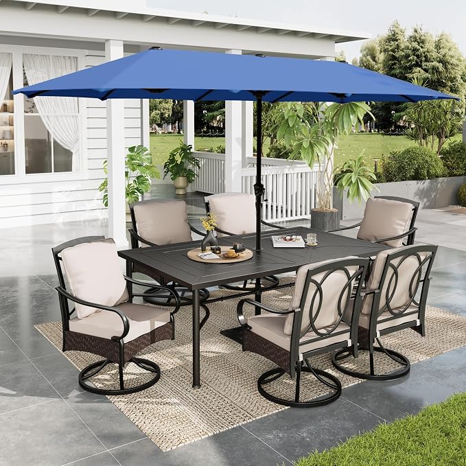 Sophia & William Patio Set with Umbrella 8 Piece Outdoor Dining Set for 6 with 13ft Double-Sided Patio Navy Umbrella, 6 x Swivel Patio Chairs, 1 Rectangular Dining Table for Lawn Garden