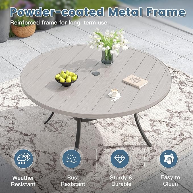 DIFY 11 Piece Outdoor Patio Dining Set for 10, Patio Table and Chairs Set with Umbrella Hole, 60" Round Dining Table and Stackable Metal Chairs for Backyard Garden Poolside, Grey Wood-Like & Sandshell