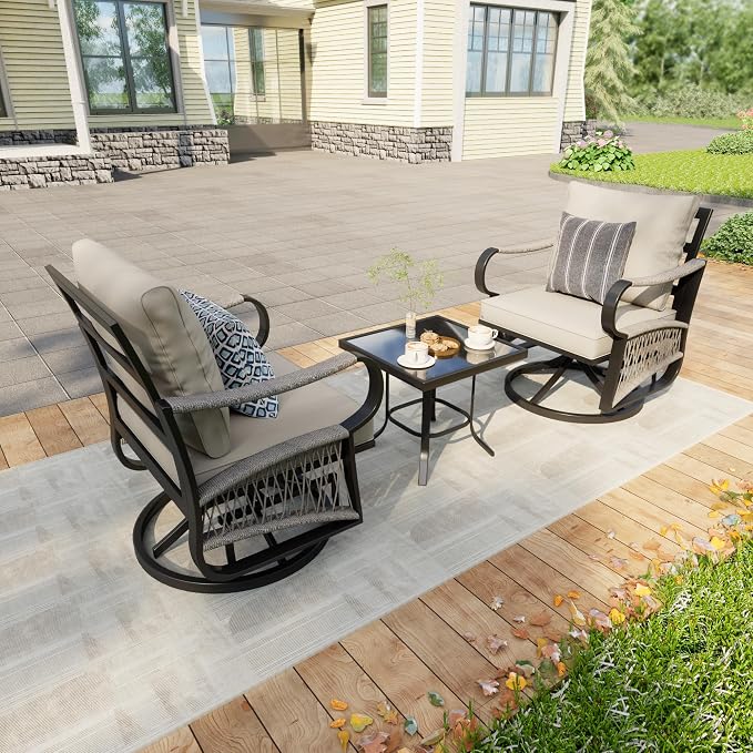3 Pieces Glider Rocking Chairs, Outdoor Swivel Rocker Chairs with Thick Cushion, Patio Bistro Furniture Set with Side Table, Rope Conversation Sets for Porch Balcony Backyard Deck, Beige Cushions