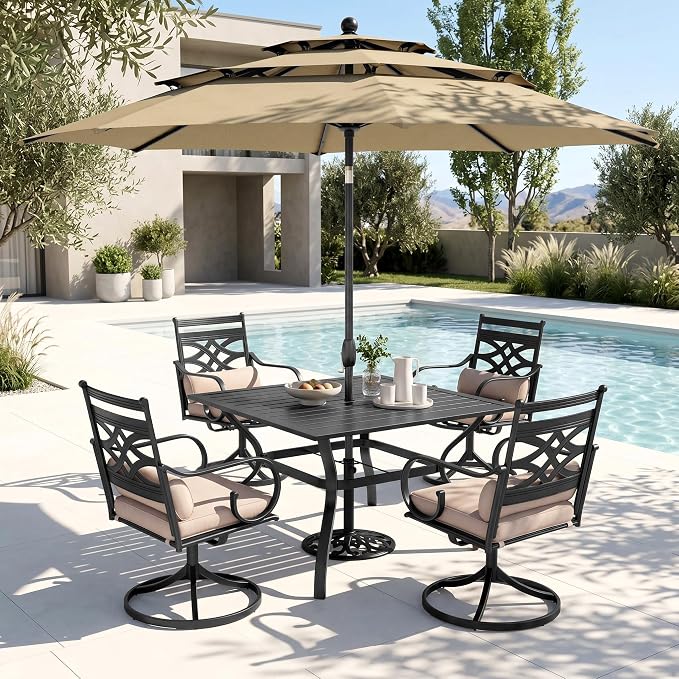 PHI VILLA 4 Piece, Outdoor Dining Set, Round Metal Table, 10ft Umbrella | 10ft 3-Layer Auto-tilt Round Umbrella, Swivel Chairs, Cushions, Beige