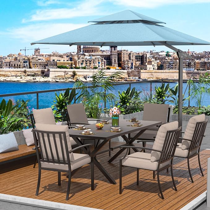 7-Piece Patio Dining Set Outdoor Conversation Set,Metal Outdoor Furniture Set with Umbrella Hole Cut-Out 78.7" x 35.4" Table and 6 Metal Backrest Chairs for Backyard,Garden,Sand