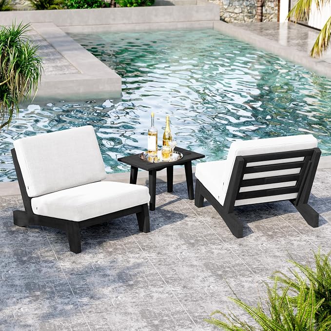 7 Pieces All Weather Black Wood Patio Furniture Sets, 2 Patio Loveseat, 4 Patio Bistro Chair, Outdoor Sectional Sofa Furniture Backyard Conversation Set with Coffee Table - Beige