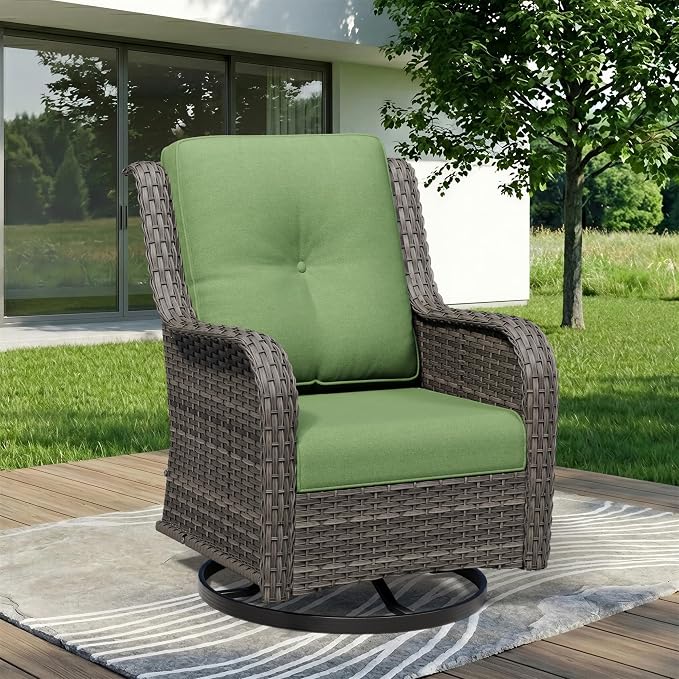 Outdoor Swivel Rocker Patio Chair - Outdoor Wicker Patio Furniture with Thickened Olefin Cushions, High Back and Deep Seating, Hand-Woven PE Rattan for Porch, Deck, Balcony, Green