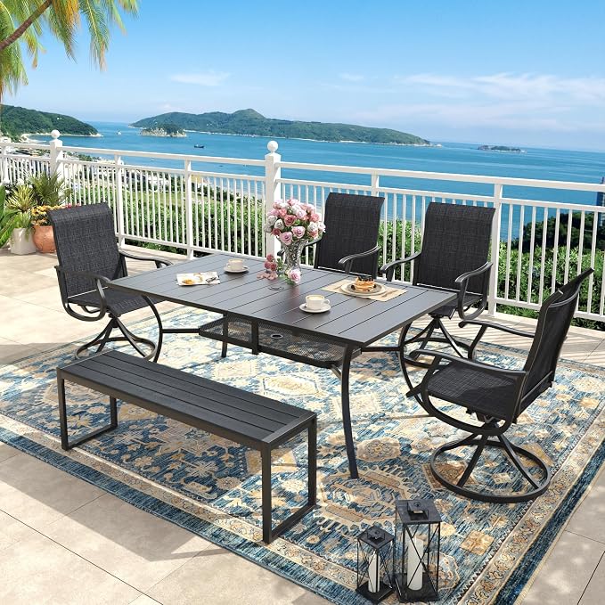 6 Pieces Outdoor Dining Set, Patio Table and Chairs Set with 53" Garden Bench for 6-7 People, 59.2" Outdoor Dining Table and Swivel Patio Chairs for Deck Backyard, Charcoal and Black