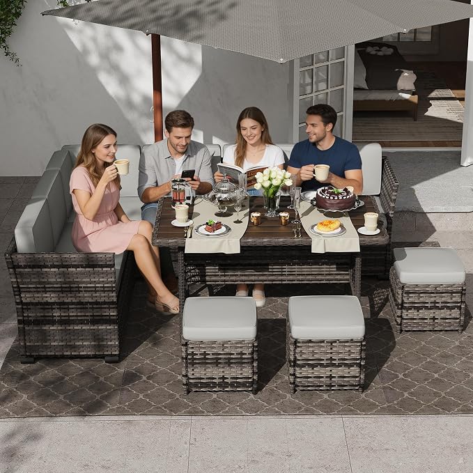 KIGOTY 7 Piece Patio Furniture Set, Outdoor PE Wicker Rattan Outdoor Dining Set, Patio Table and Chairs Set, Patio Conversation Sofa Set with Dining Table and Ottoman (Beige Black-Light Grey)