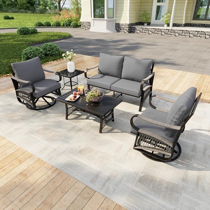 5 Pieces Patio Furniture Set, Metal Outdoor Conversation Sets with Swivel Chairs, Modern Couch Sofa Seating Group with Coffee Table and Side Table (Thick Gray Cushions)