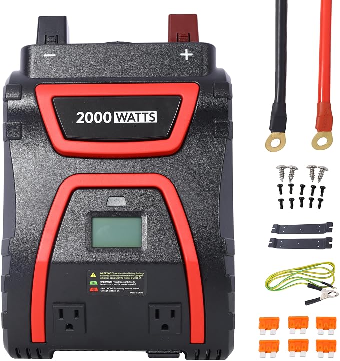 2000W Power Inverter Modified Sine Wave with LCD Display 3 AC Outlets and USB Ports 12V DC to 115V AC Car Camping Inverter Built-in Short Circuit Protection for Trucks RVs Emergency Black Plastic