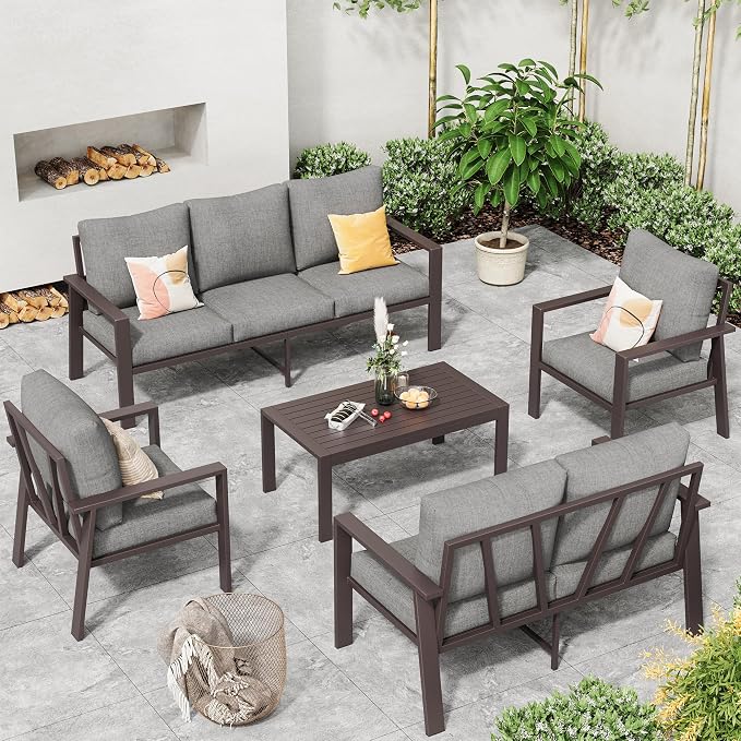 Aluminum Patio Conversation Set 5-Piece All-Weather Outdoor Sectional Sofa with 4" Cushions, Modular Patio Set for Porch Poolside Deck Yard