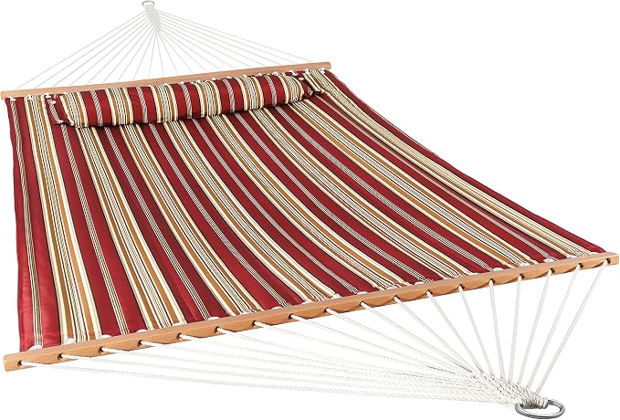 Sunnydaze Quilted Double Hammock for Outside with Spreader Bars and Pillow - 450 lb Capacity, 74x55 Inch Bed, UV Resistant, Quick Dry - Chains Included, Stand Sold Separately - Red Stripe