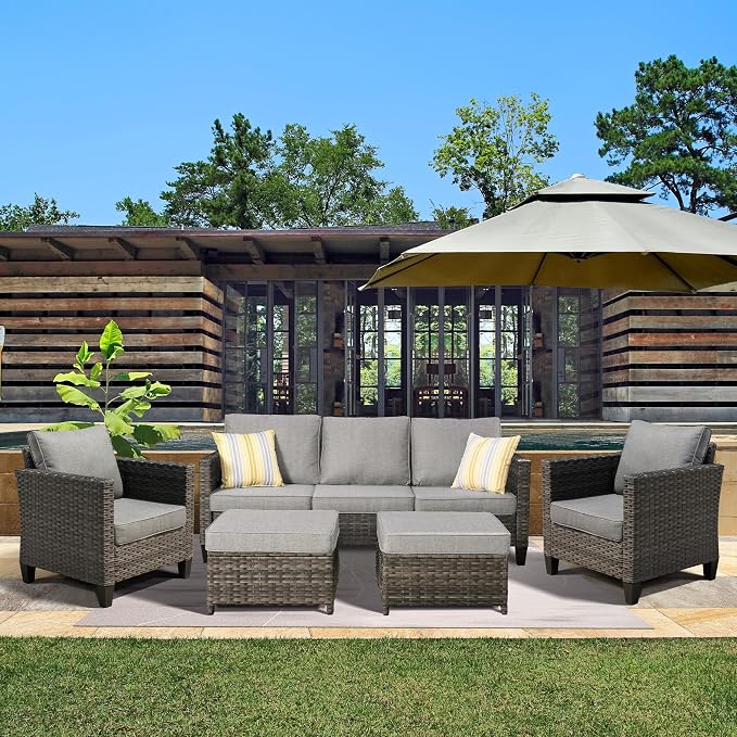 ovios 5 Pieces Patio Furniture Set, Outdoor Wicker Rattan Sofa Couch with Ottomans Comfy Cushions, Modern Conversation Set for Deck Backyard Porch, Dark Grey