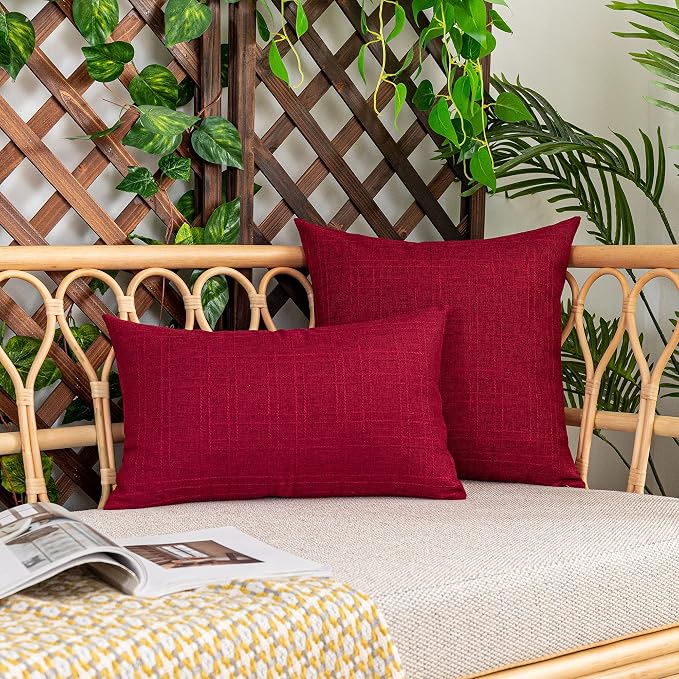 Kevin Textile Outdoor Waterproof 24”x24” Pillow Covers 2 Pack, Red | Water Resistant, Soft Faux Linen-cotton Yarn-dyed Woven Texture Throw Pillow Covers for Tent Patio Garden Couch Sofa
