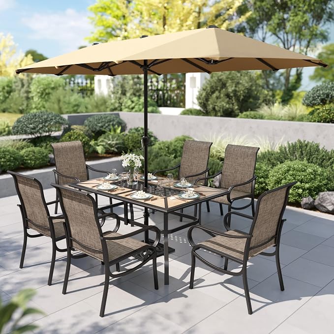PHI VILLA 8 Pcs Outdoor Dining Set with 13ft Umbrella, Mesh Dining Chairs | 60'' wood-look rectangular table, 6 patio textilene chairs and 13ft beige umbrella(NO BASE) for deck, garden, backyard
