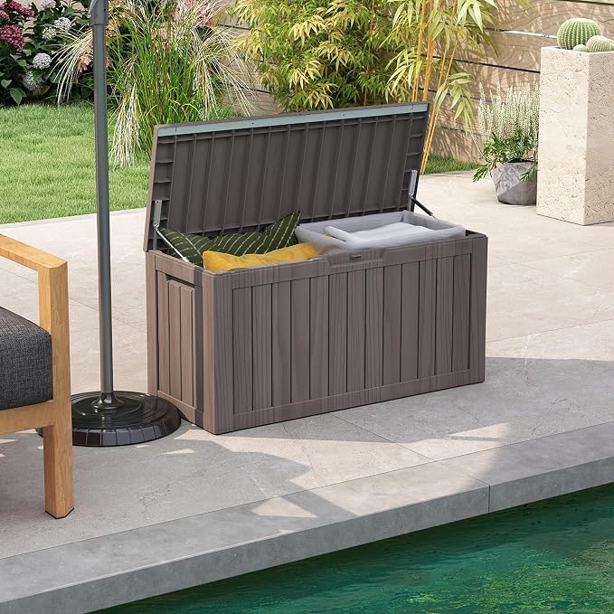 80 Gallon Deck Boxes Outdoor Waterproof, Outdoor Storage Box with Lockable Lid & UV-Resistant for Patio Furniture, Outdoor Cushions, Garden Tools and Pool Supplies, Light Brown