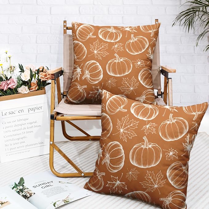 Fall Pillow Covers 18x18 Set of 2 Burnt Orange Pumpkin Maple Leaves Throw Pillow Covers Autumn Harvest Pillowcase Thanksgiving Cushion Case for Home Decor Patio Outdoor Sofa