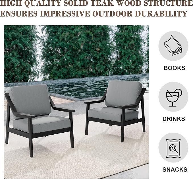 Outdoor Patio Furniture Set, 3 Piece Patio Conversation Sets with Washable Thick Cushions, All-Weather Solid Wood Patio Bistro Set for Porch, Balcony, Black Frame & Gray Cushion
