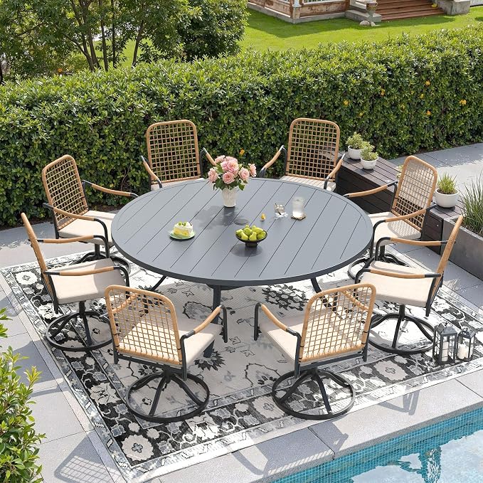 DIFY 9 Pieces Outdoor Dining Set for 8, 63" Round Dining Table with Umbrella Hole & Wicker Swivel Patio Chairs with Cushions, Metal Patio Table and Chairs Set for Backyard Porch Garden, Grey