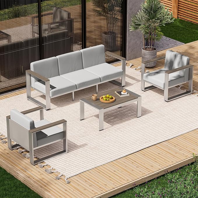 Outdoor Patio Furniture Set, 5 Seats Aluminum Patio Conversation Sets with Ergonomic Seat and Wide Washable Thick Cushions, Modern Outdoor Sectional Furniture for Balcony, Porch