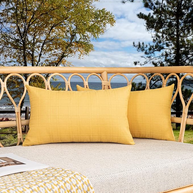 Kevin Textile Outdoor Waterproof 12”x24” Pillow Covers 2 Pack, Yellow | Water Resistant, Soft Faux Linen-cotton Yarn-dyed Woven Texture Throw Pillow Covers for Tent Patio Garden Couch Sofa