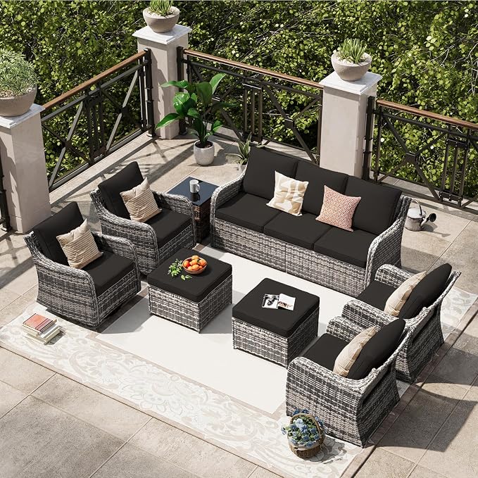 MEISSALIVVE 8 Pieces Patio Furniture Set with Swivel Chair, Wicker Patio Sofa, Rattan Conversation Set with Three-seat Sofa, 2 Fixed Single Chair for Lawn Backyard (Black)