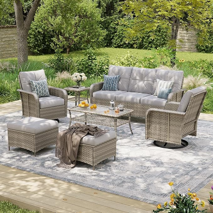 Aoxun Luxury 7-Piece Patio Furniture Set, 360° Swivel Chairs, Wicker Rattan Sofa with Thick Cushion, Outdoor Conversation Set for Backyard, Poolside & Garden, Beige/Gray