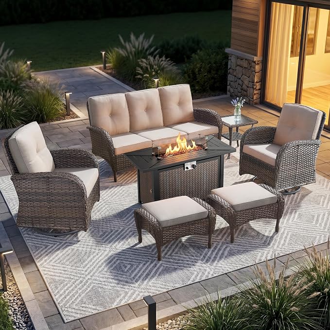 7 Piece Patio Furniture Set with Fire Pit Table - Wicker Patio Conversation Set with Swivel Glider, 3 Seat Sofa, Side Table and 2 Ottomans for Deck Backyard - Brown Wicker Beige Cushion