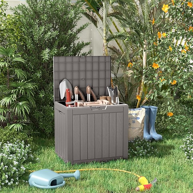 DRATO 35 Gallon Outdoor Storage Box Waterproof, Lockable Resin Deck Box for Patio Furniture, Pool Supplies & Garden Tools, Weatherproof Outside Storage Bin for Backyard Porch (Grey, 35 Gallon)