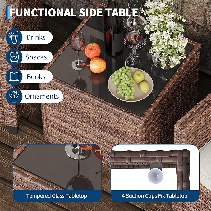 Garvee 3 Piece PE Rattan Patio Furniture Set, Outdoor Chairs and Table Set with Tempered Glass Tabletop and Cushions, Patio Conversation Set for Patio, Balcony, Poolside, Brown and Grey