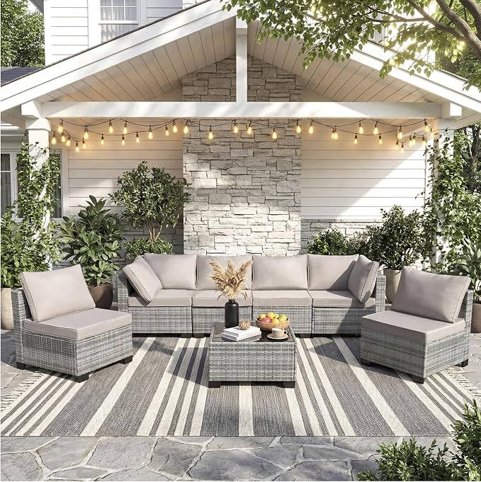 ANJ 7 Piece Outdoor Wicker Patio Furniture Set, Modular Loveseat Sofa with with Glass Top Coffee Table, All-Weather Rattan Conversation Couch Set for Balcony, Backyard, Light Grey Wicker-Grey