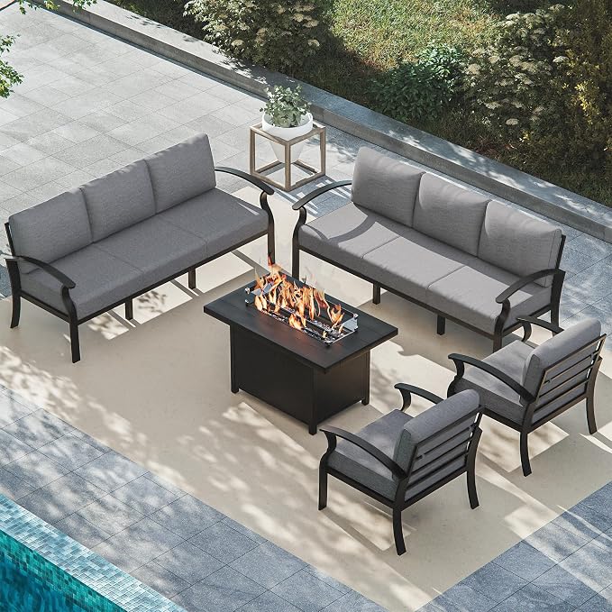 ALAULM Aluminum Patio Furniture Set with Propane Fire Pit Table 8-seat Metal Outdoor Furniture w/Fire Pit Patio Conversation Set w/5.1" Cushions for Patio, Backyard, Poolside-Grey