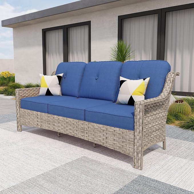 HOOOWOOO Patio Couch,Outdoor Wicker 3 Seater Sofa,All Weather Resistant High Back Rattan Deck Matching Furniture(Denim Blue)