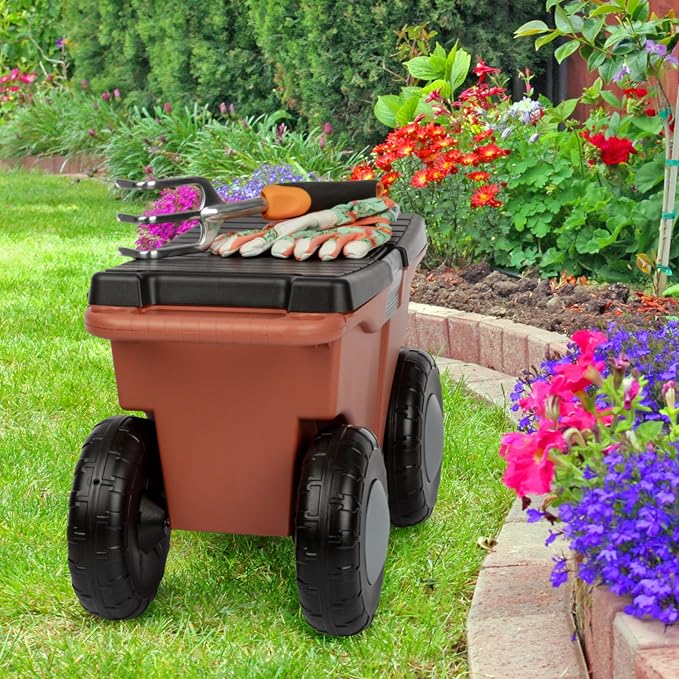 Pure Garden Rolling Garden Cart with Seat - Plastic Storage with Bench and Tool Tray - Gardening Stool for Weeding or Planting (Terracotta)