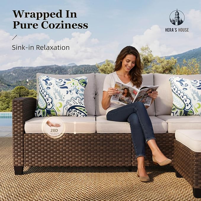 HERA'S HOUSE Wicker Patio Furniture Set, 7 Pieces Outdoor Seating Furniture, Patio Conversation Sofa Sets with Ottomans for Backyard Lawn Deck, Beige