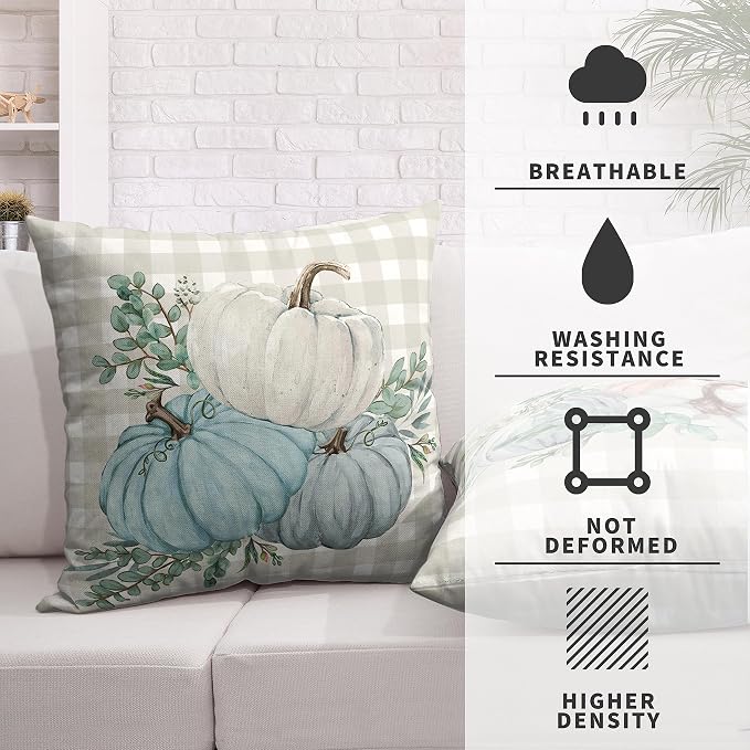 Fall Thanksgiving Pillow Covers 18x18 Set of 2 Watercolor Blue Pink Pumpkin Throw Pillow Covers Grey Plaid Autumn Farmhouse Pillow Case Harvest Decorations for Couch Outdoor Patio