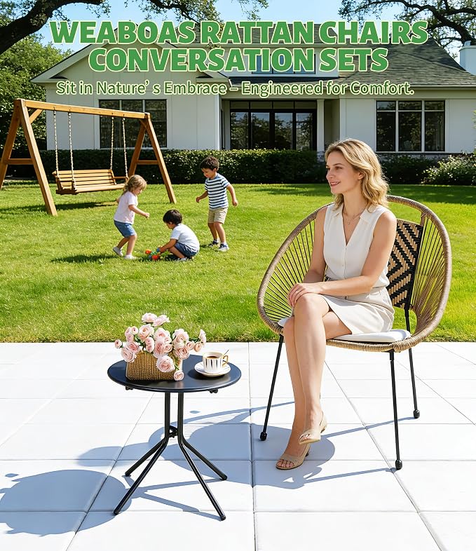 2-Piece Outdoor Patio Bistro Set, Wicker Chair with Cushion, PE Rattan All-Weather Conversation Set with Coffee Table for Balcony, Porch, Apartment, Poolside, Garden, Small Spaces, Black