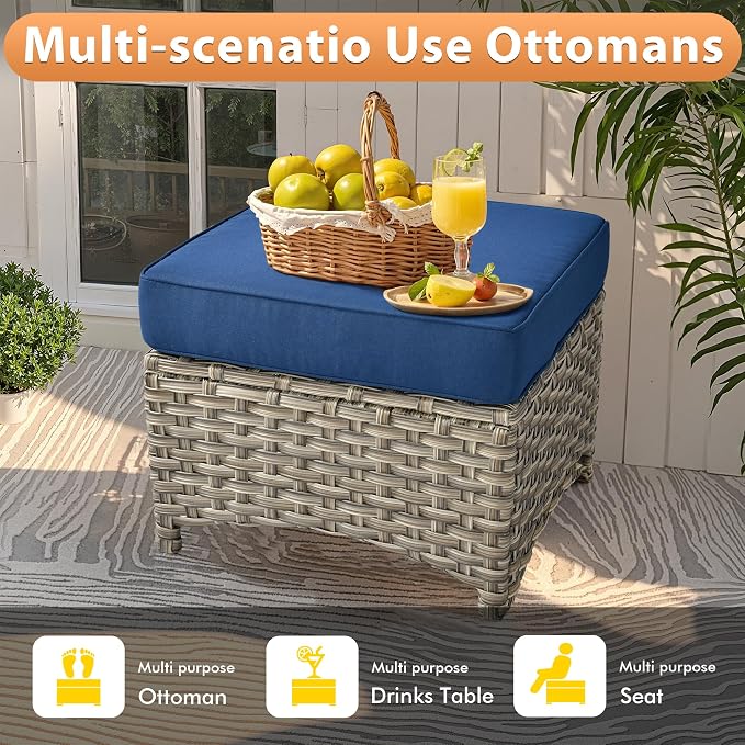 8 PCS Outdoor Patio Furniture Sets,Patio Conversation Sets Outside Rattan Soft Cushion Sofa with 2 Wicker Rocking Chairs Soft Cushion Fit Backyard Porch Garden Poolside Balcony,Navy Blue