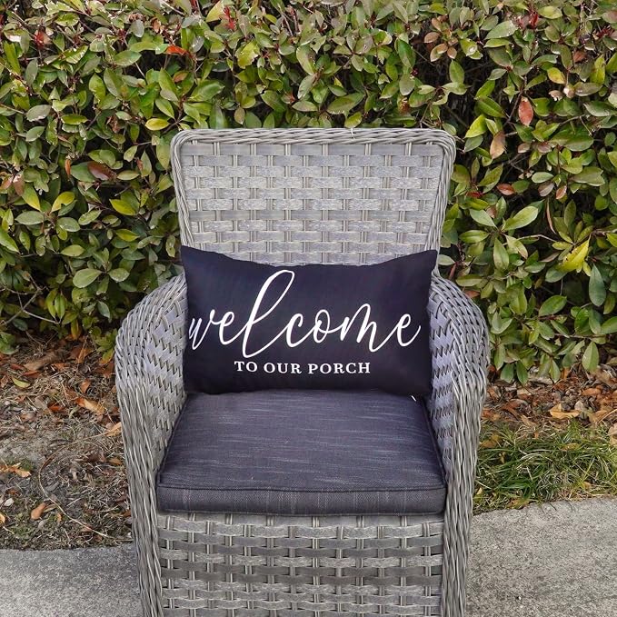 ONWAY Black Outdoor Welcome Throw Pillow Covers 12x20 Inch Waterproof Black and White Decorative Cushion Cover for Patio Furniture Garden Spring Summer Decor