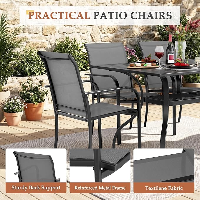 Crownland 7-Piece Patio Dining Set - 6 Textilene Metal Chairs & Rectangular Outdoor Dining Table with Khaki 9FT Round Outdoor Umbrella (Grey)