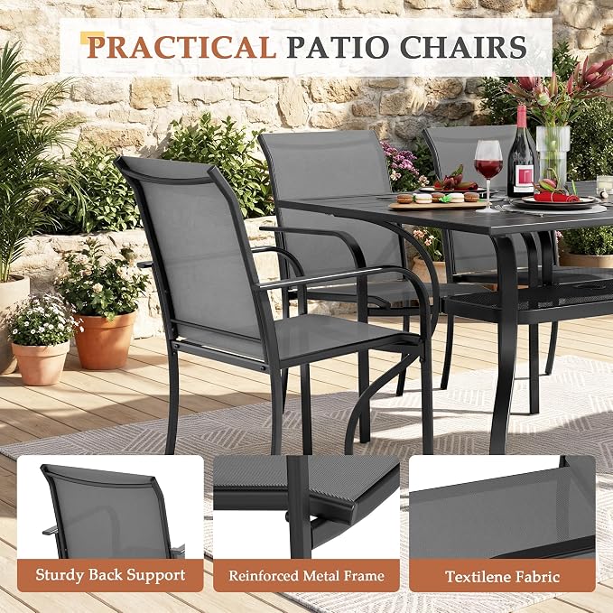 Crownland 7 Piece Patio Dining Set, Textilene Dining Sets, 6 Textilene Metal Chairs and Rectangular Outdoor Dining Table with Sky Blue 9FT Round Outdoor Umbrella (Grey)