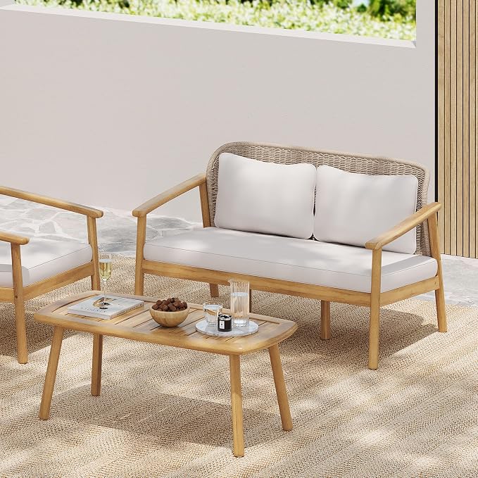 Merax 2 Piece Outdoor Conversation Set with Acacia Wood Coffee Table and Loveseat, Woven Rope Backrest Patio Seating Group, Patio Furniture Set for Porch, Garden, Backyard, Balcony, Light Teak Finish