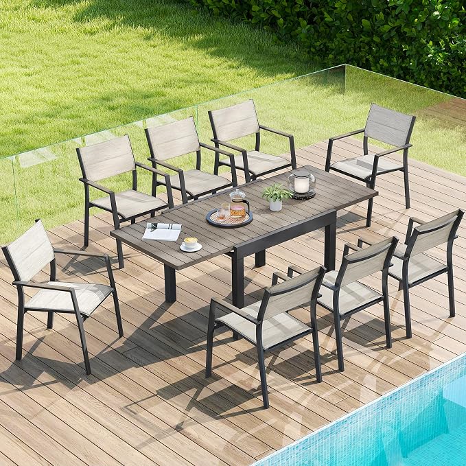 9 Piece Outdoor Dining Set, Expandable Outdoor Patio Dining Table Set for 6-8 Person, Aluminum Outdoor Table and 8 Chairs with Textilene Fabric & Armrest for Patio, Garden, Lawn, Deck(Grey)