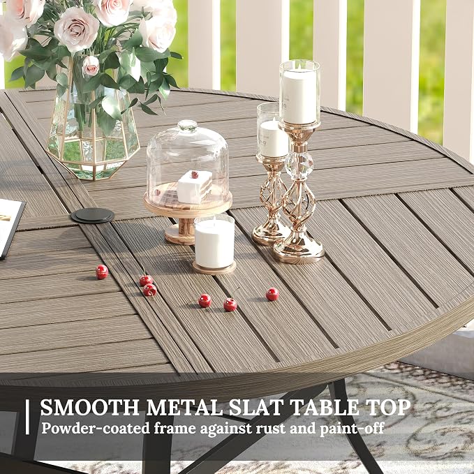 VICLLAX Patio Dining Set for 8, 8 Seats Outdoor Furniture Includes 59.9" Round Patio Table and Swivel Padded Chairs, Grey Wood Grain Tabletop and Grey Fabric